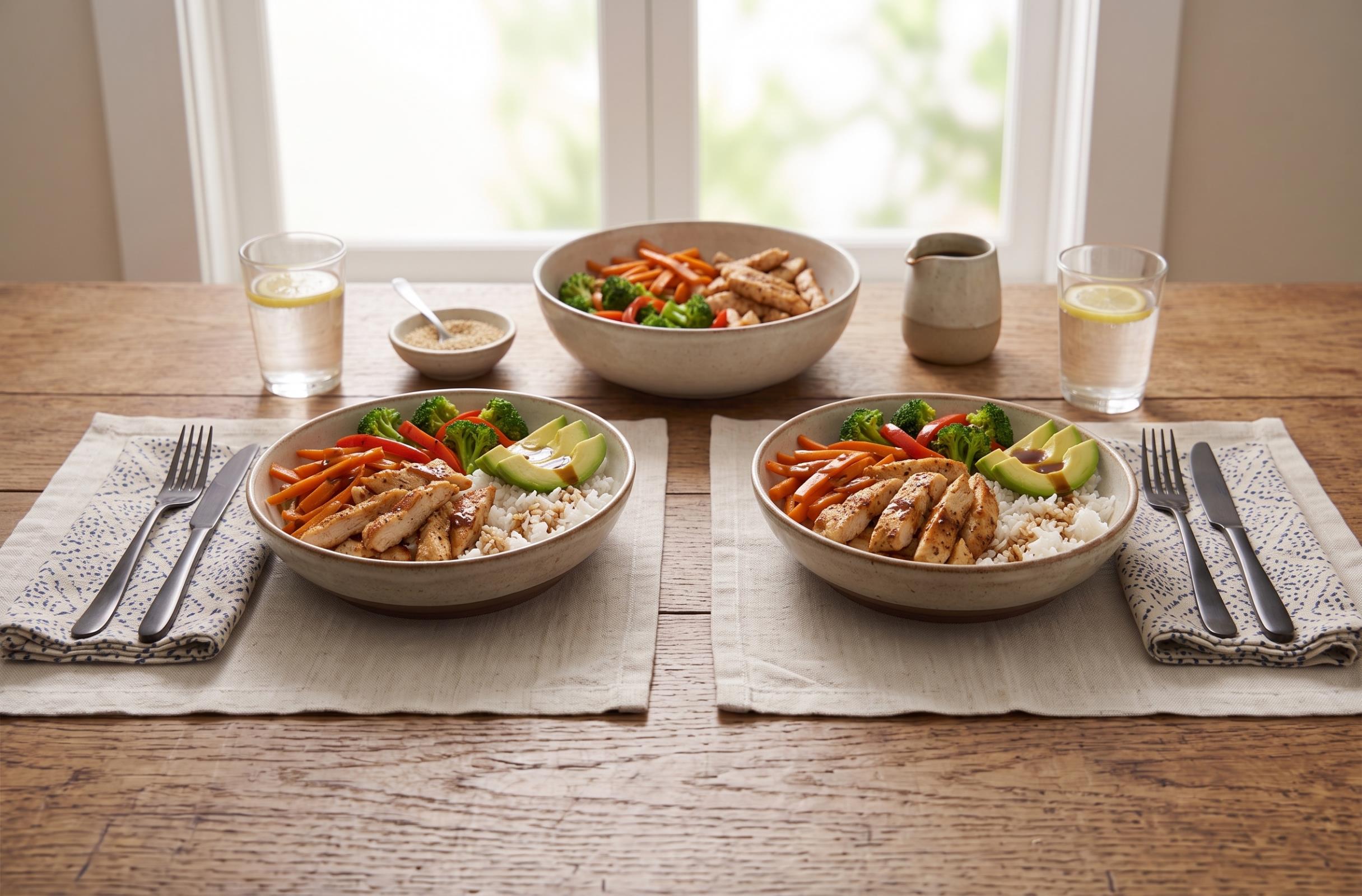 Bowl de pollo con arroz y verduras para el almuerzo